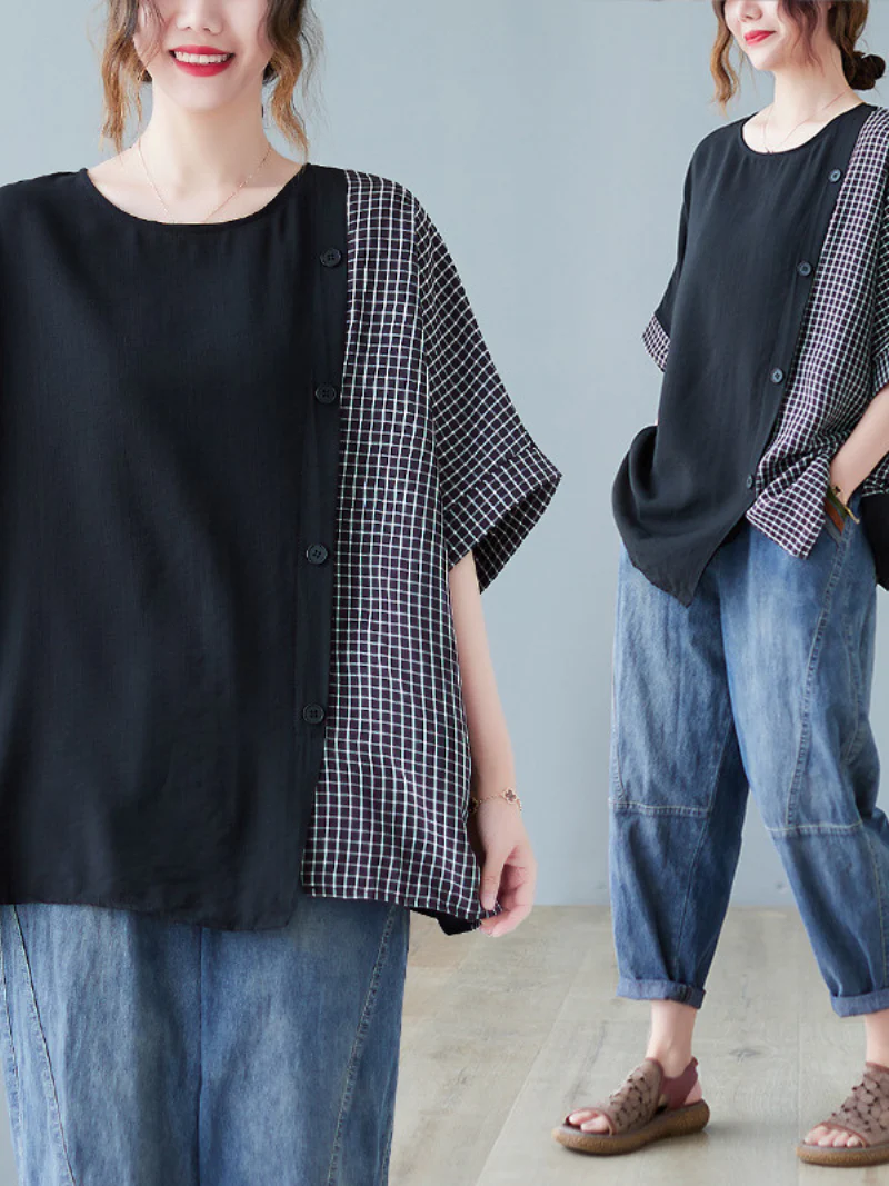 Black Short Sleeve Button Down Oversized Tops Casual Work Top - Image 4