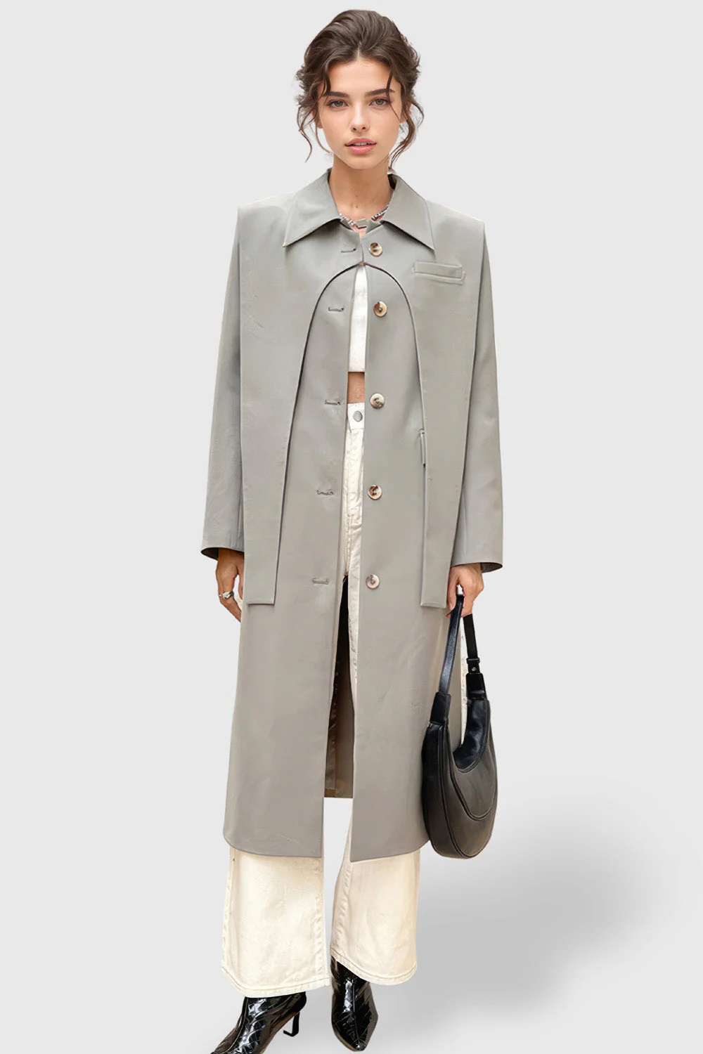 Trenchcoat with Double Layer Detail - Grey - Image 3
