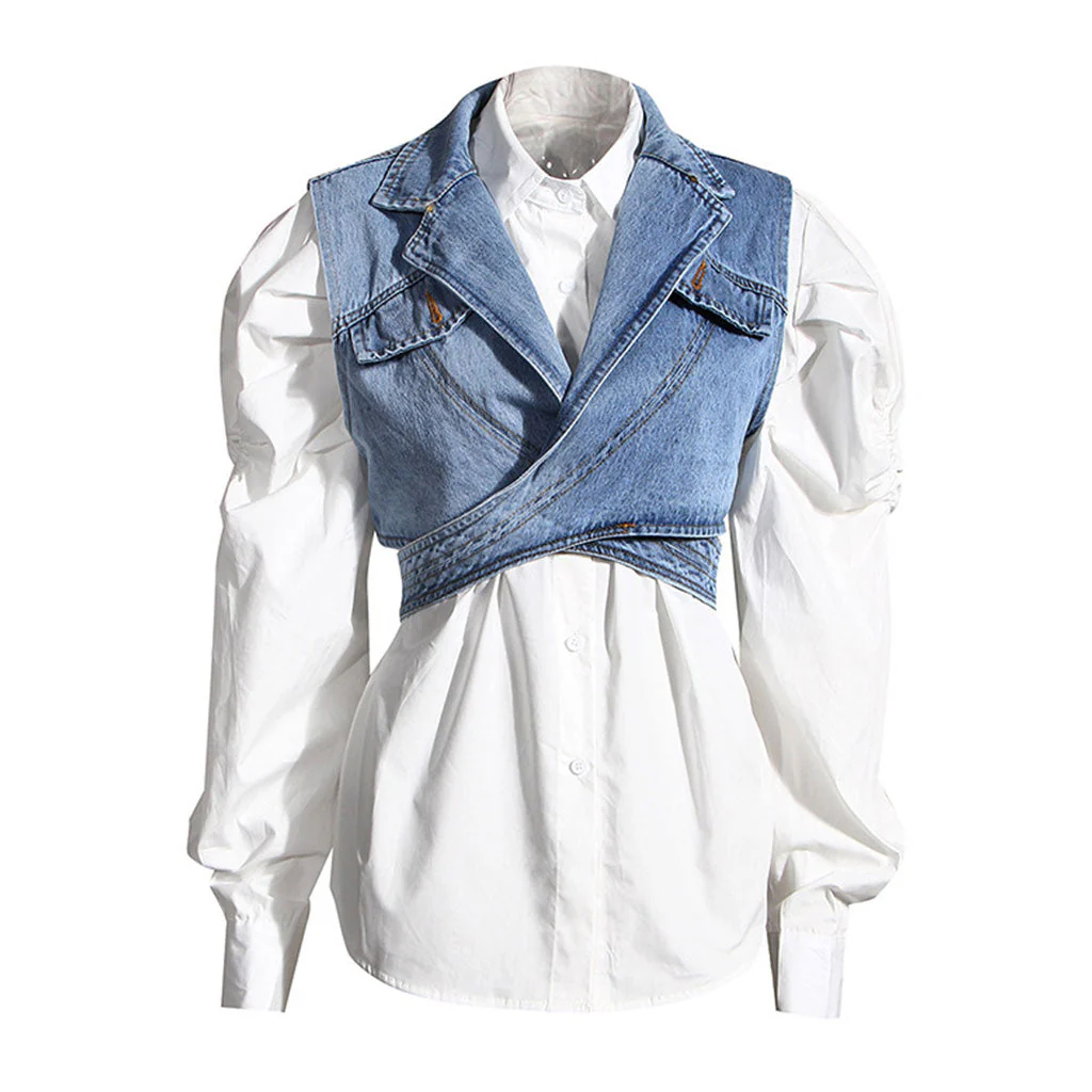 Trendy Crossover Wrap Lapel Collar Cropped Denim Vest - Image 3