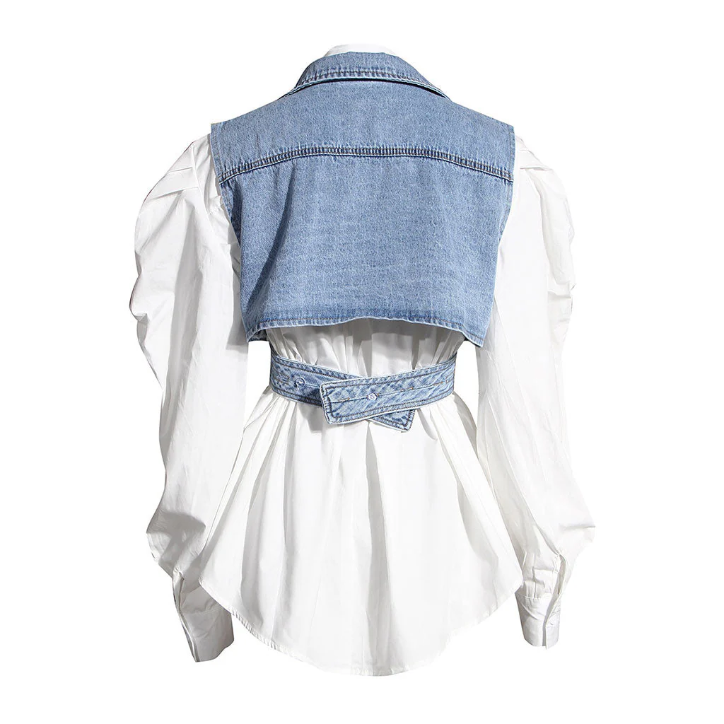 Trendy Crossover Wrap Lapel Collar Cropped Denim Vest - Image 4