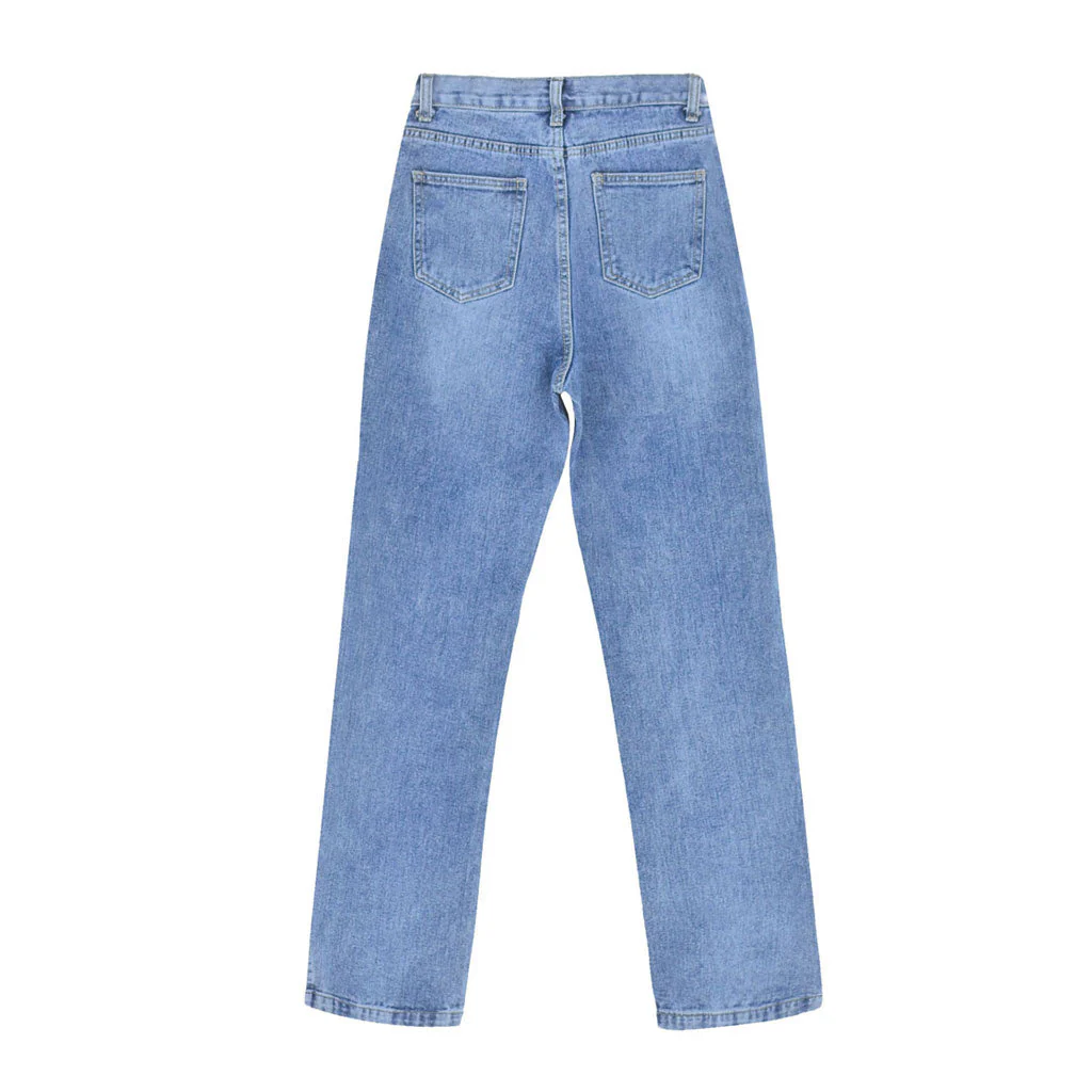 Trendy Cut Out High Waist Side Slit Wide Leg Jeans - Blue - Image 4