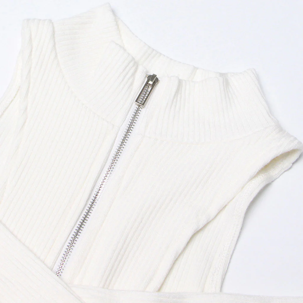 Trendy Cut Out Shoulder High Neck Half Zip Layered Cross Front Fitted Rib Knit Top - Image 4