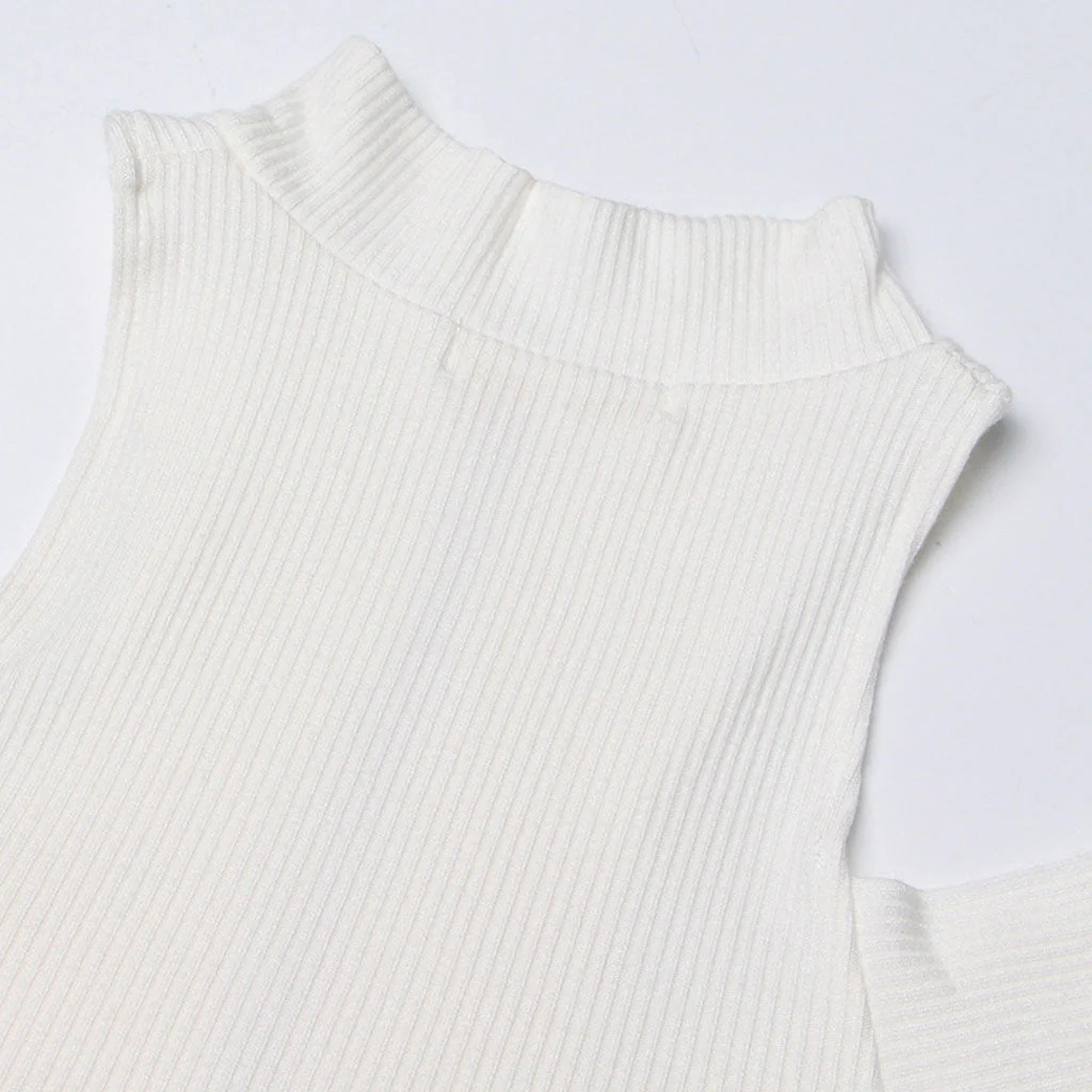 Trendy Cut Out Shoulder High Neck Half Zip Layered Cross Front Fitted Rib Knit Top - Image 5