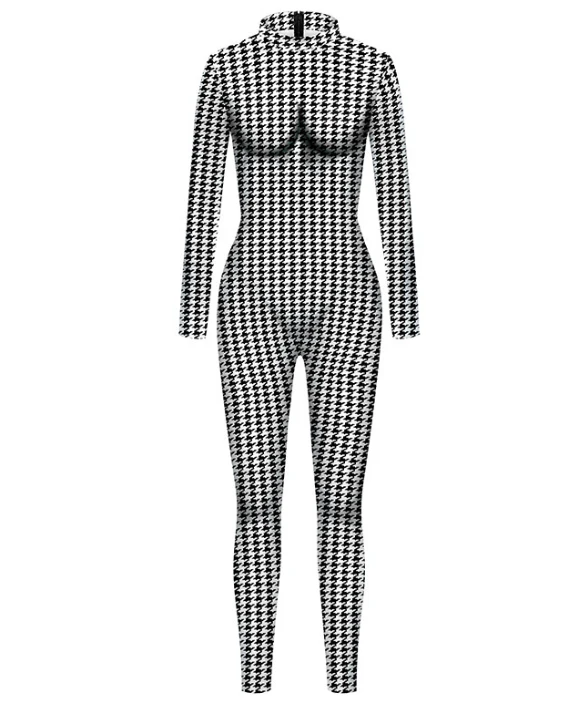Trendy Houndstooth Printed Zipper Front Long Sleeve Jumpsuit - Black - Image 2