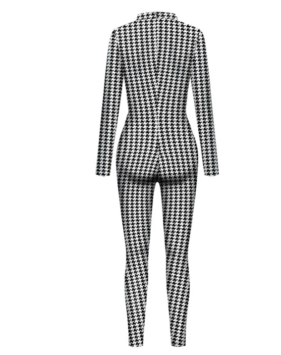 Trendy Houndstooth Printed Zipper Front Long Sleeve Jumpsuit - Black - Image 3