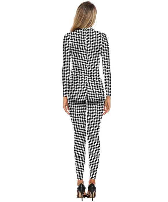 Trendy Houndstooth Printed Zipper Front Long Sleeve Jumpsuit - Black - Image 4