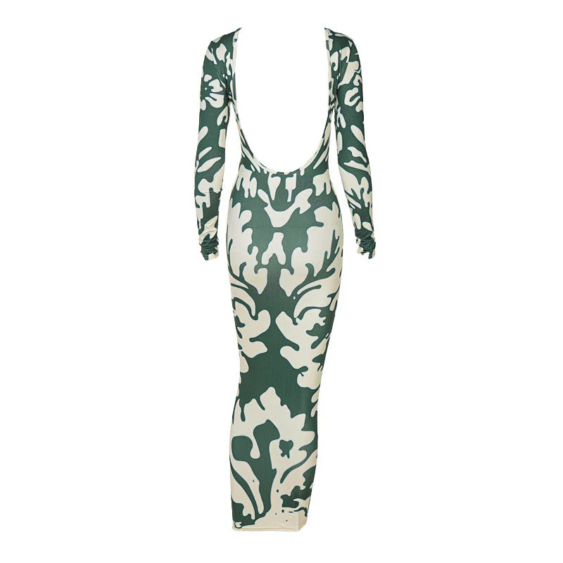 Trendy Long Sleeve Camo Print Backless Maxi Dress - Green - Image 3