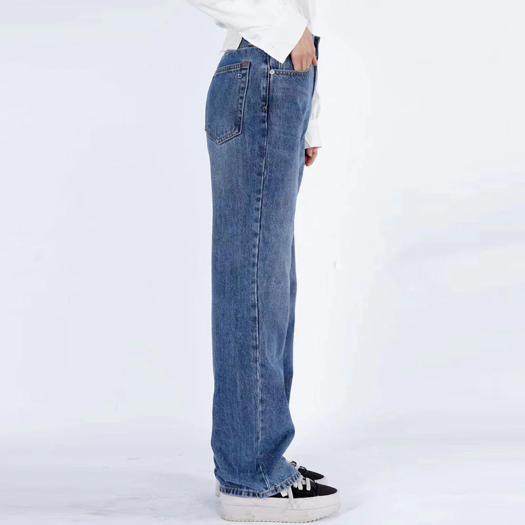 Trendy Mid Rise Fade Detail Straight Wide Leg Jeans - Mid Blue - Image 2