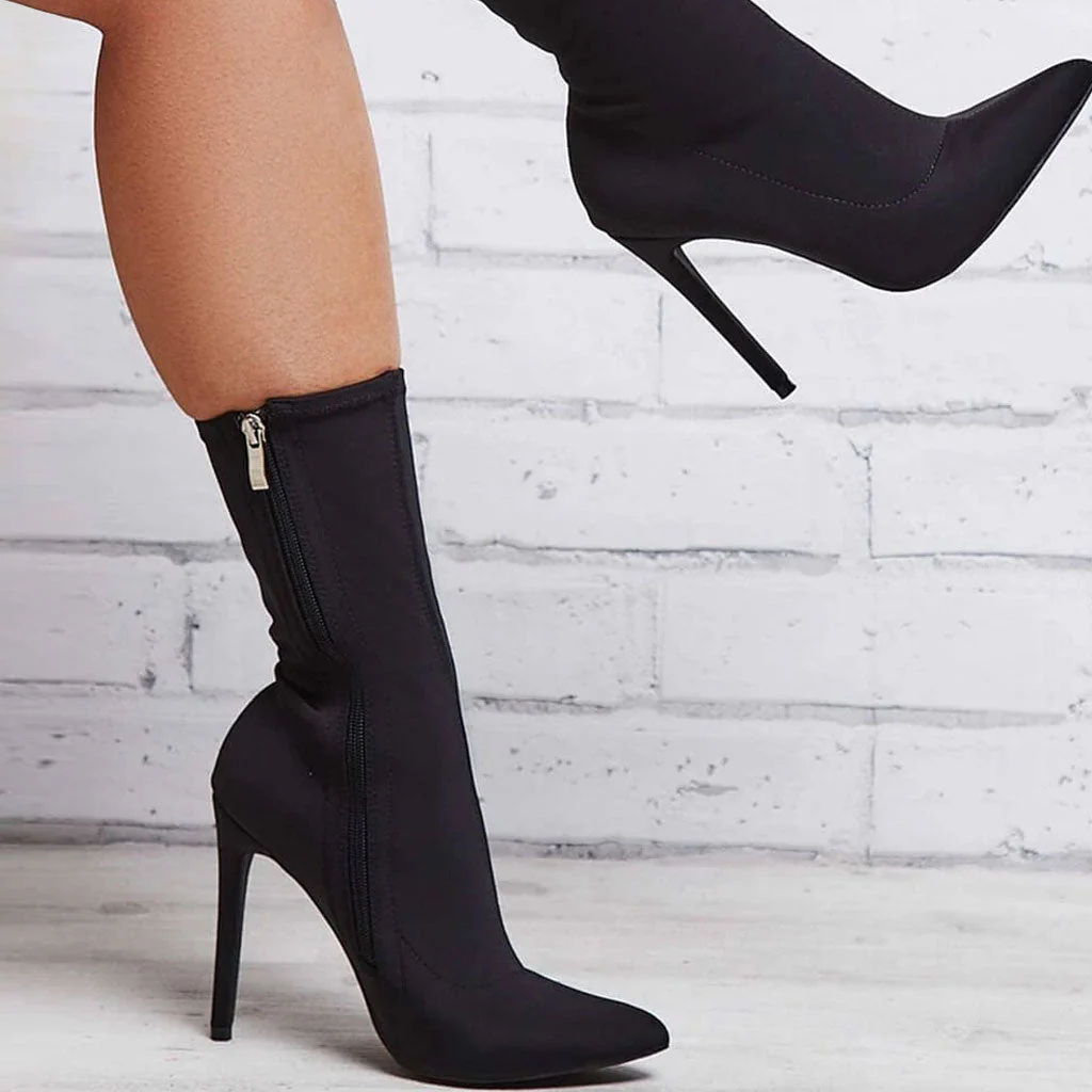 Trendy Pointed Toe Side Zip Stiletto Heeled Suede Boots - Black - Image 3