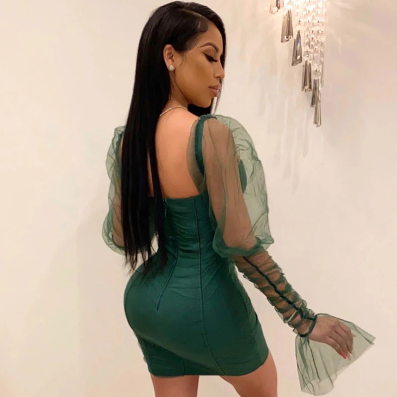 Trendy Puff Sleeve Bustier Bodycon Party Mini Dress - Emerald Green - Image 4
