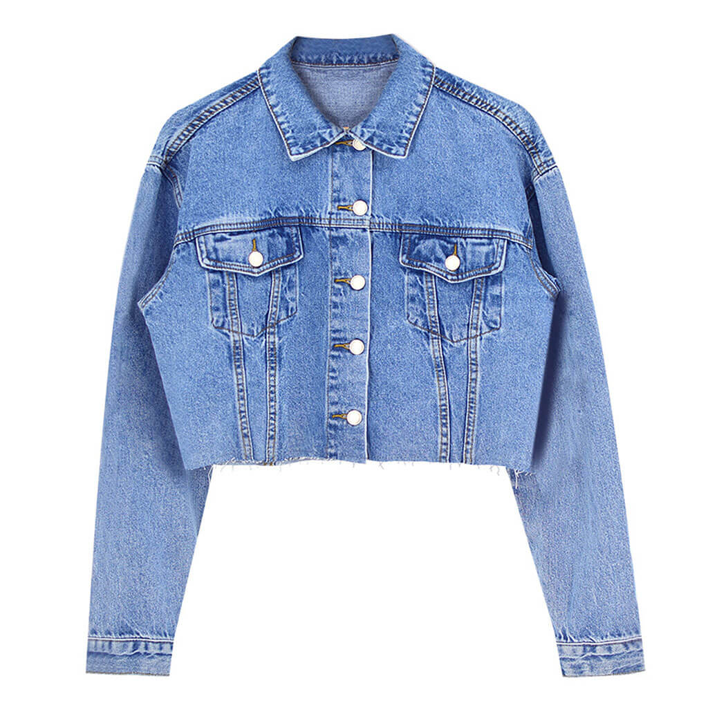 Trendy Raw Trim Long Sleeve Single Breasted Crop Denim Jacket - Blue - Image 3