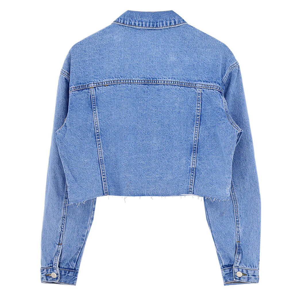 Trendy Raw Trim Long Sleeve Single Breasted Crop Denim Jacket - Blue - Image 4