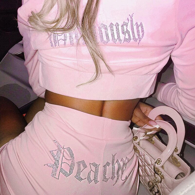 Trendy Rhinestone Velvet Crop Hoodie Pant Matching Set - Pink - Image 2