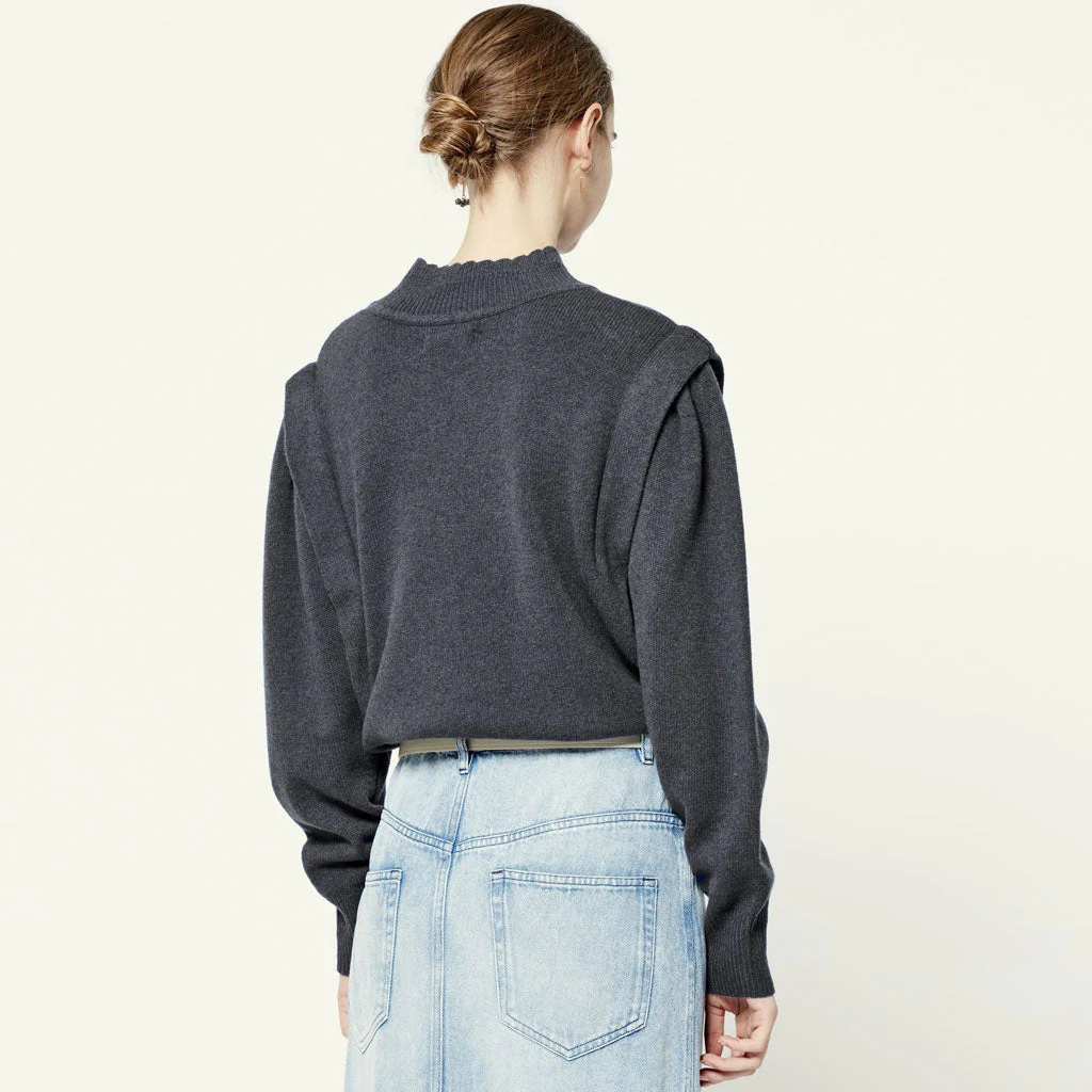 Trendy Rib Trim Bishop Sleeve High Neck Knit Pullover Sweater - Gray - Image 3