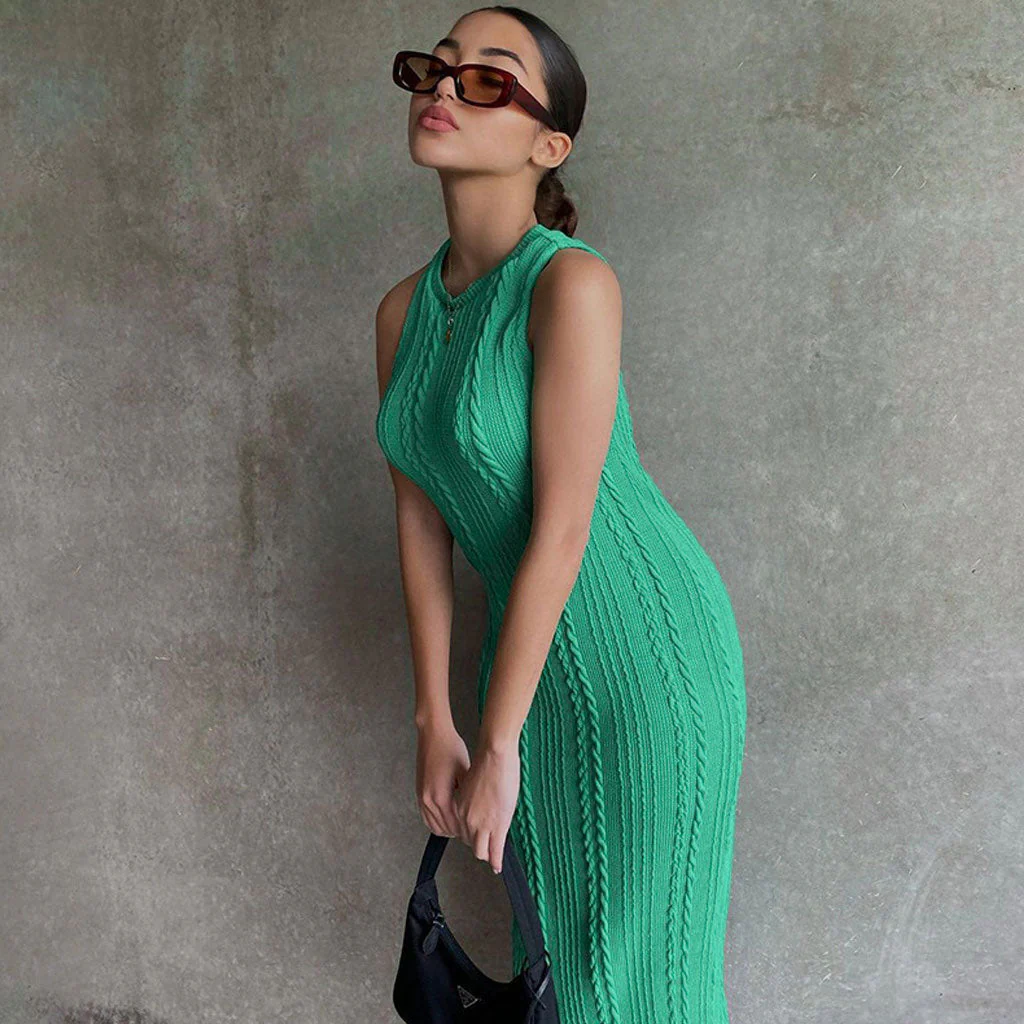 Trendy Sleeveless Round Neck Cable Knit Midi Dress - Green - Image 2