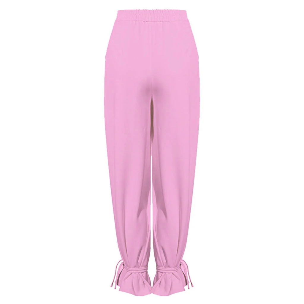 Trendy Solid Color Ankle Tie High Waist Wide Leg Pants - Image 2