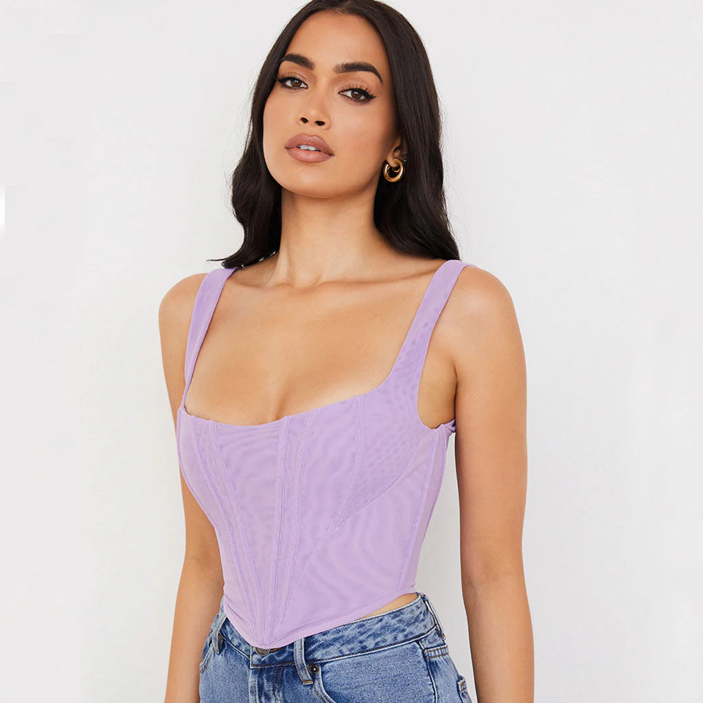 Trendy Suspender Strap Square Neck Crop Corset Top - Purple - Image 2