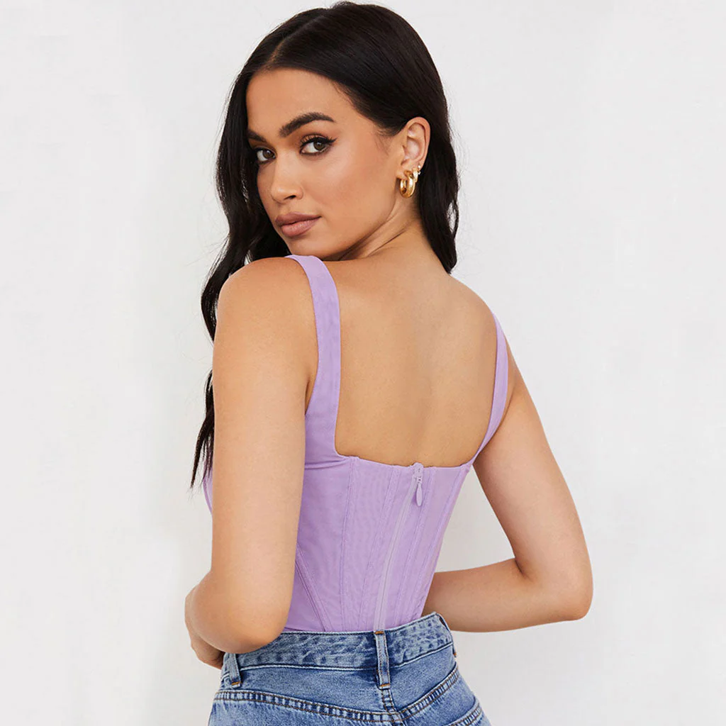 Trendy Suspender Strap Square Neck Crop Corset Top - Purple - Image 3