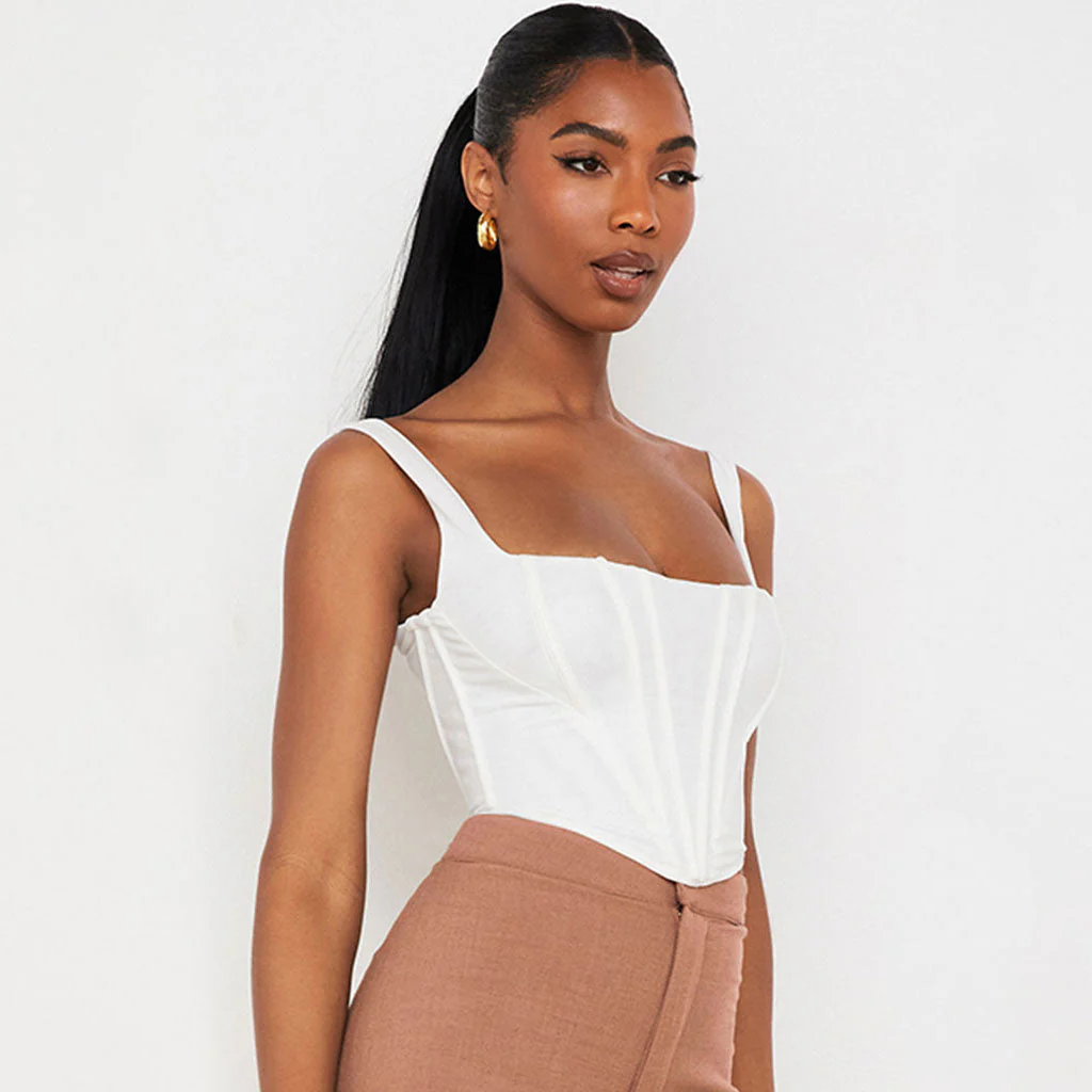 Trendy Suspender Strap Square Neck Crop Corset Top - White - Image 3