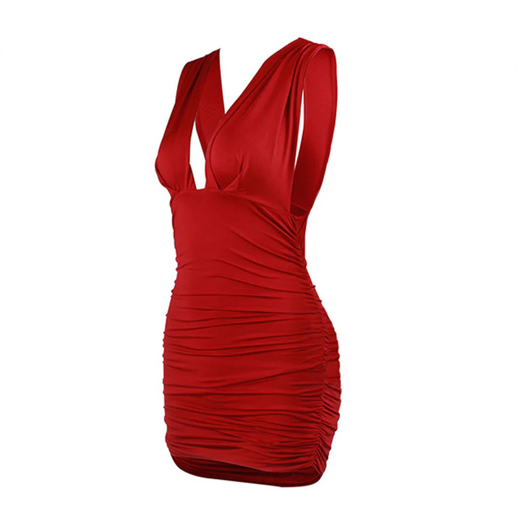 Trendy V Neck Ruched Bodycon Strapless Party Mini Dress - Burgundy - Image 3