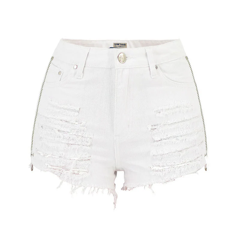 Trendy Zip Trim High Waist Distressed Denim Shorts - White - Image 3