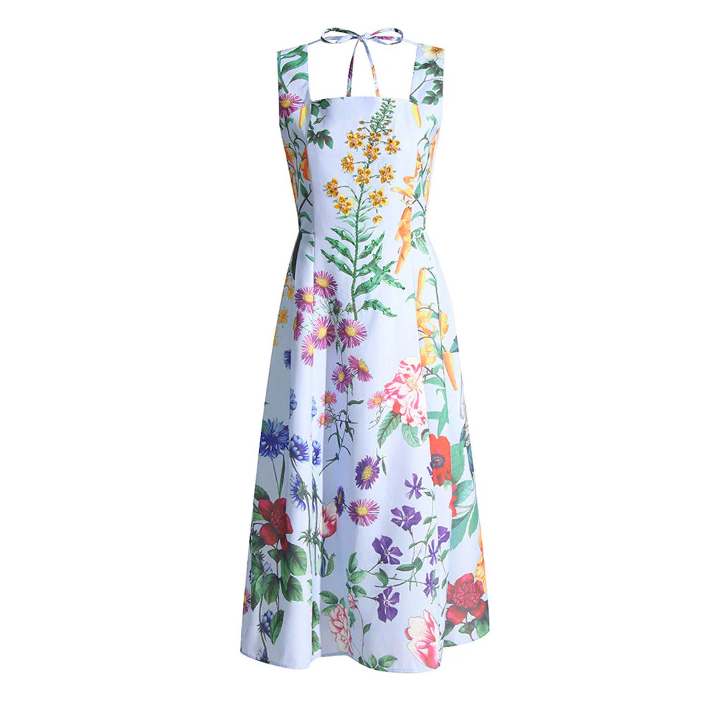 Tropical Crystal Studded Floral Print Tie Back Square Neck Fit and Flare Midi SunDress - Image 3