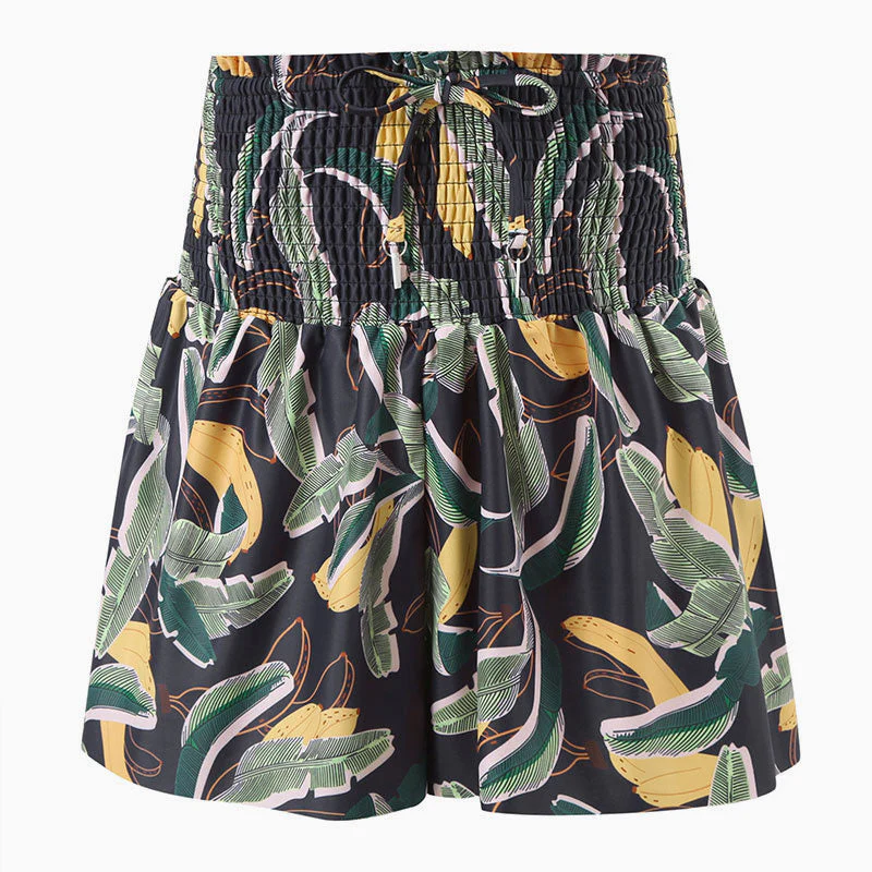 Tropical Leaf Ruffle High Waist Drawstring Bow Tie Smocked Mini Skort Cover Up - Image 2