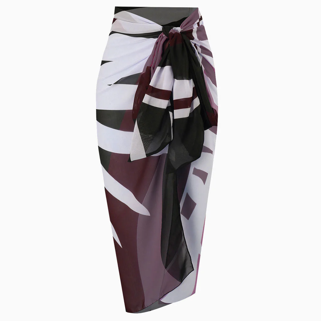 Tropical Print High Waist Chiffon Bow Tie Side Maxi Wrap Sarong Cover Up - Image 2