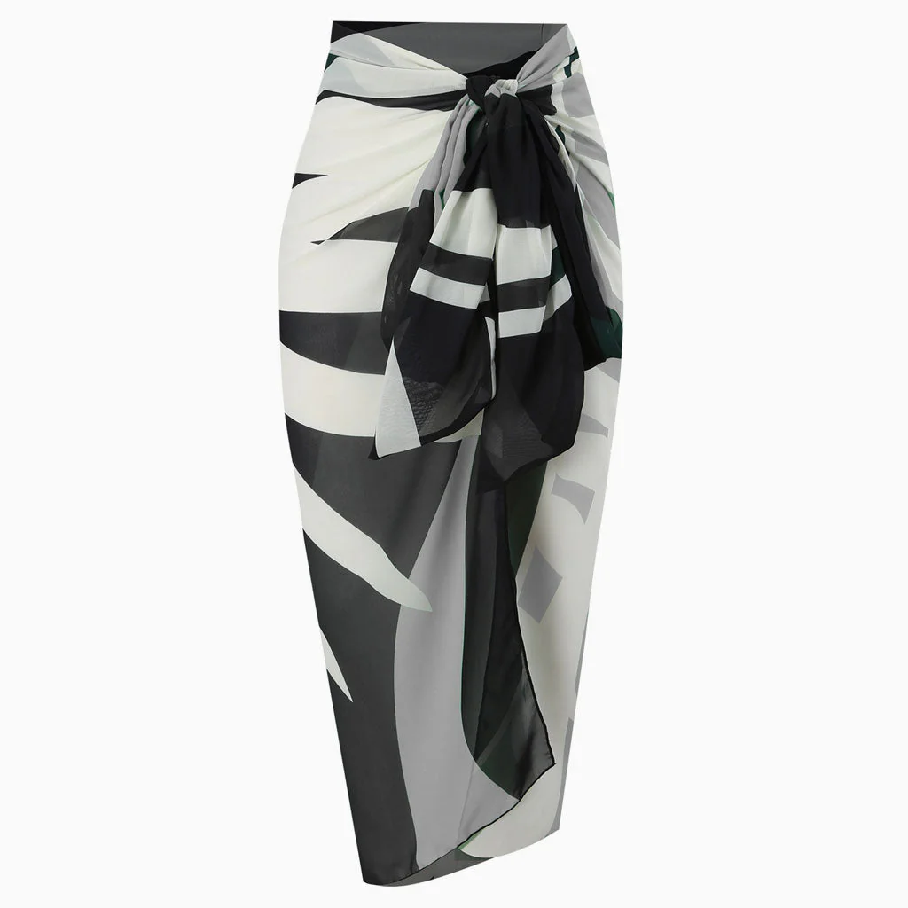 Tropical Print High Waist Chiffon Bow Tie Side Maxi Wrap Sarong Cover Up - Image 3