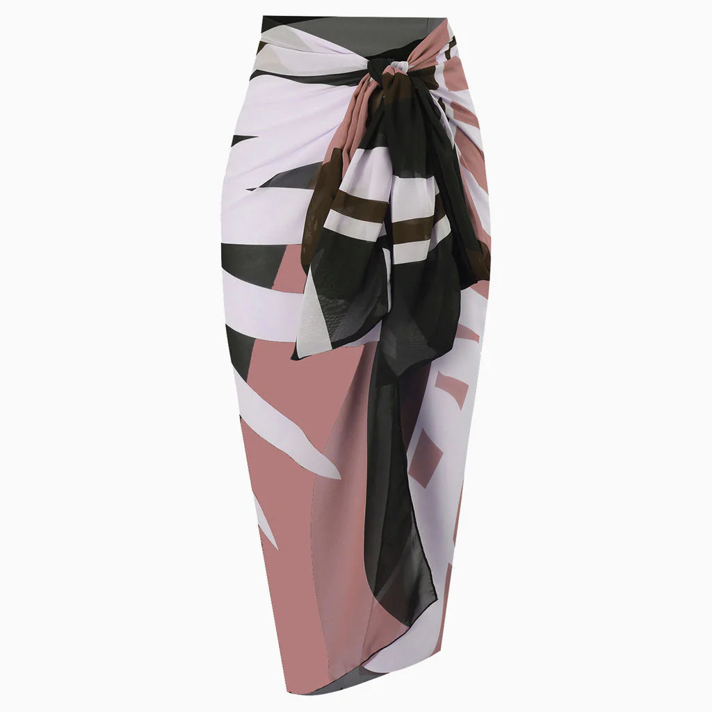 Tropical Print High Waist Chiffon Bow Tie Side Maxi Wrap Sarong Cover Up - Image 5