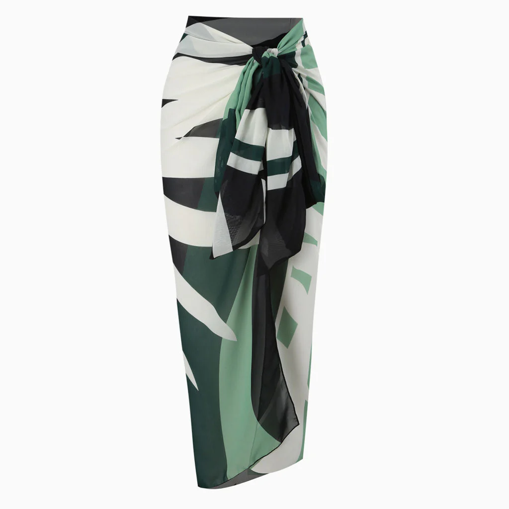 Tropical Print High Waist Chiffon Bow Tie Side Maxi Wrap Sarong Cover Up - Image 6