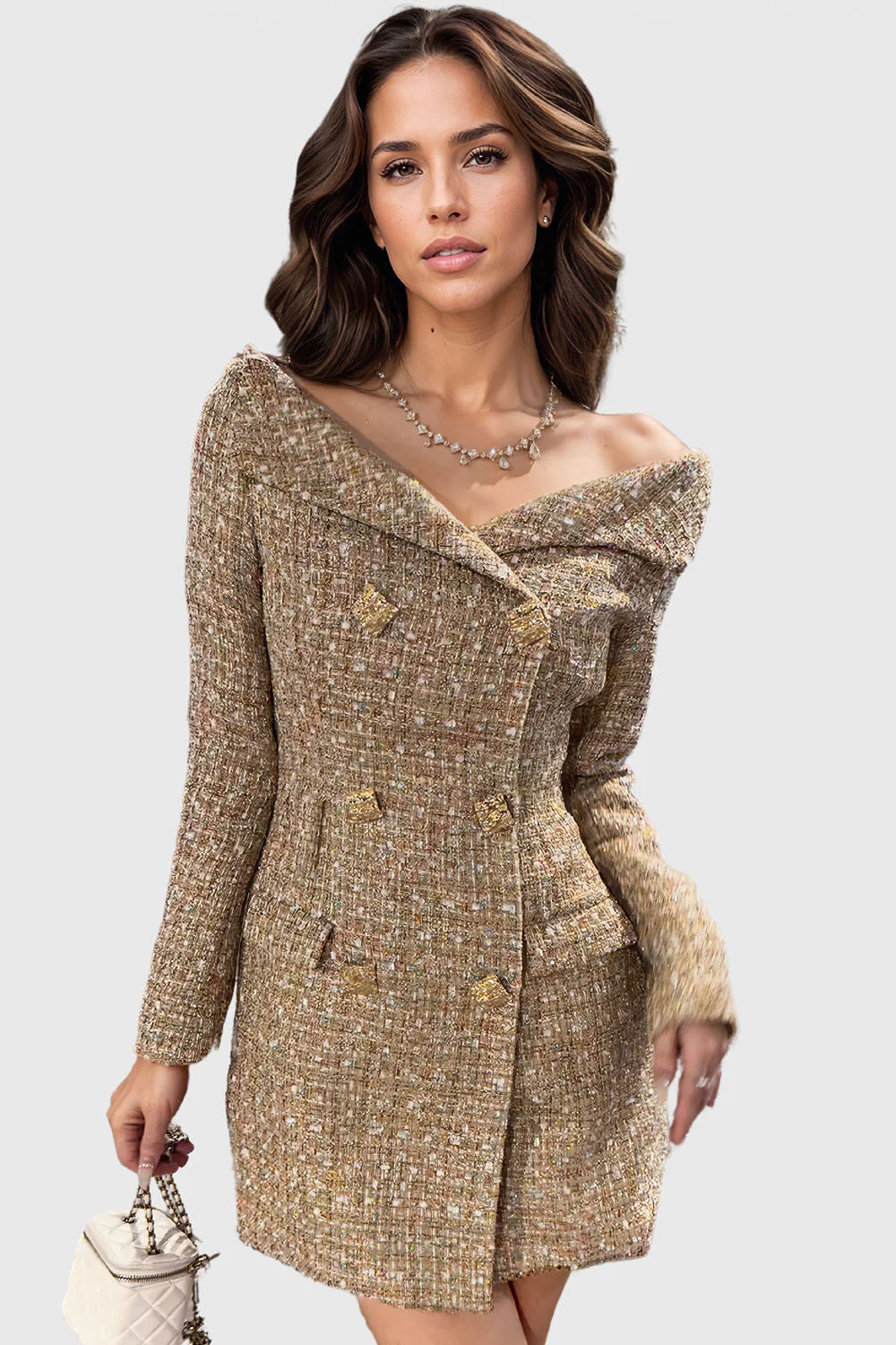 Tweed Double Breasted Dress - Gold - Image 2