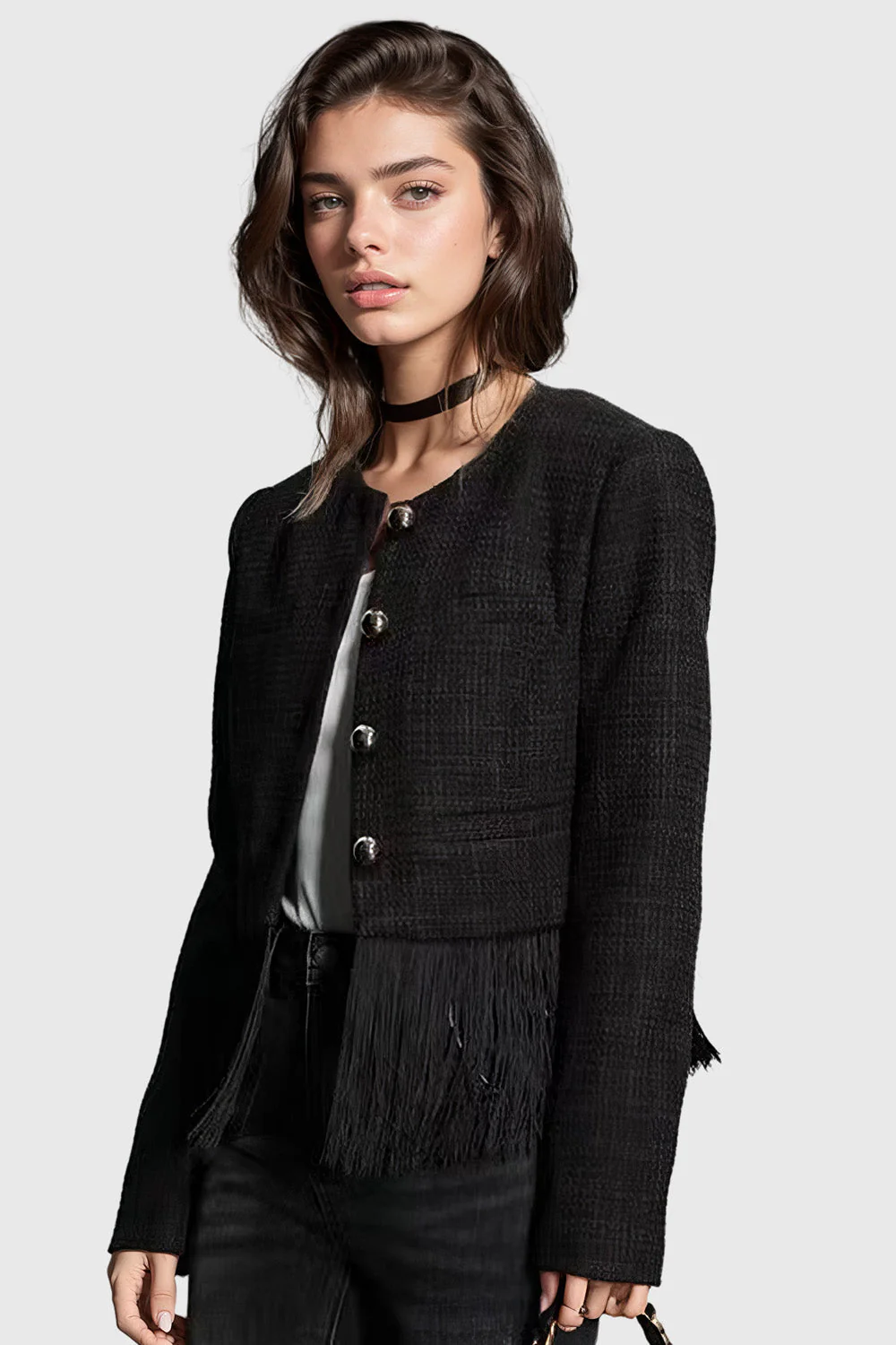 Tweed Jacket with Fringe at Hem - Black - Image 2