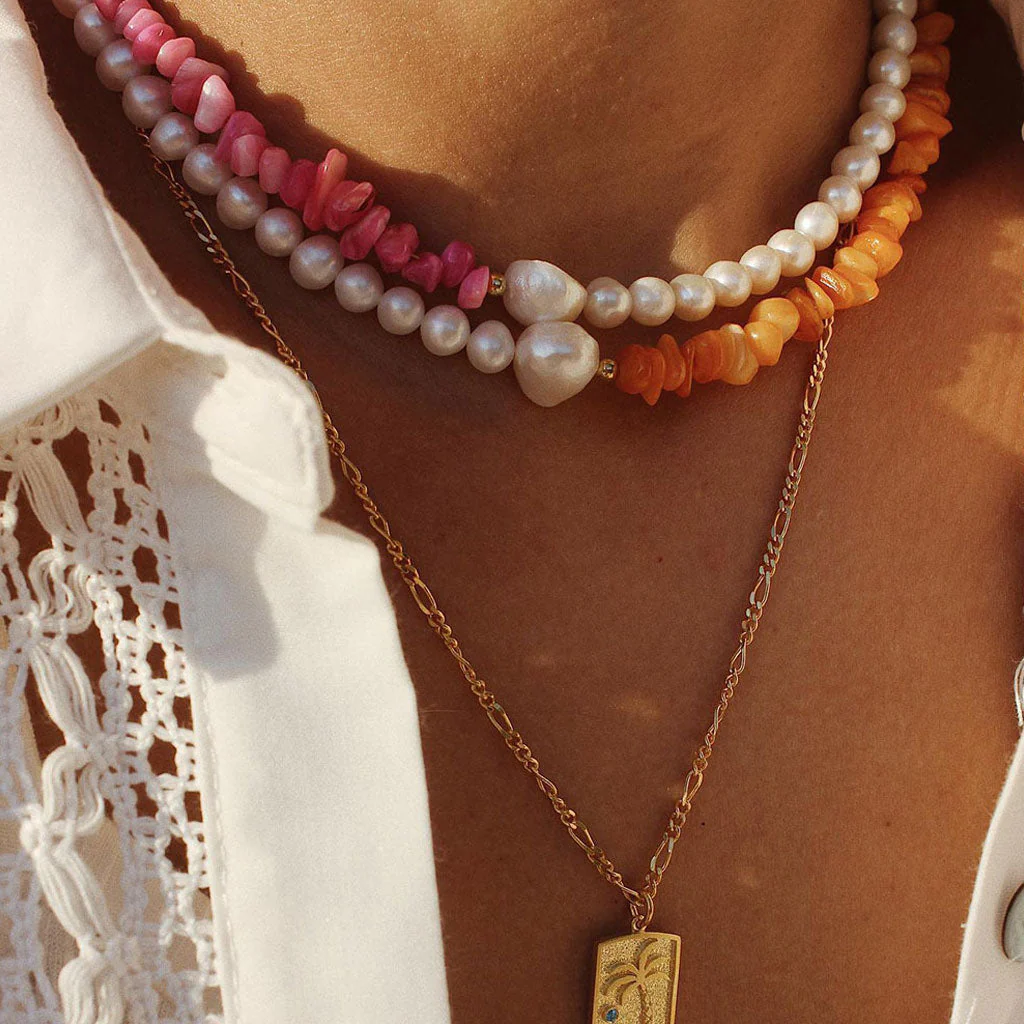 Two Tone 18K Gold Plated Natural Stone Baroque Pearl Beaded Choker NeckLace - Image 8
