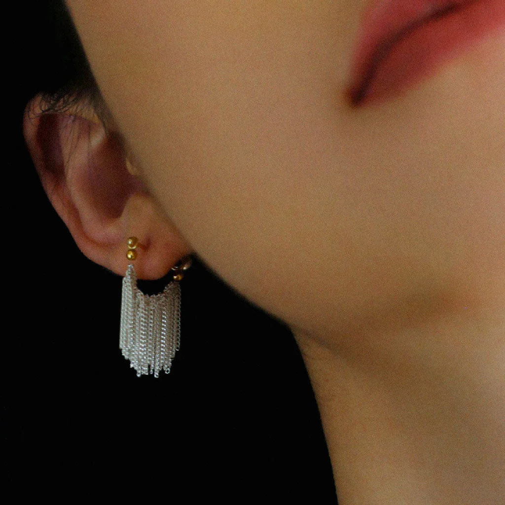 Two Tone 18K Gold Plated Sterling Silver Waterfall Fringe Earrings - Image 3