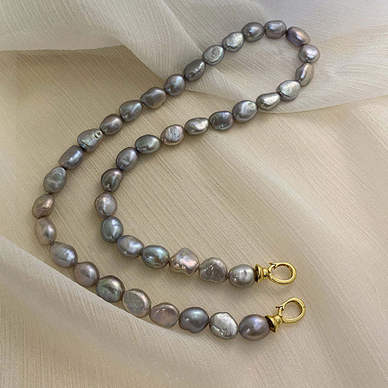 Two Tone Double Clasp Gray Baroque Freshwater Pearl Choker NeckLace - Image 4