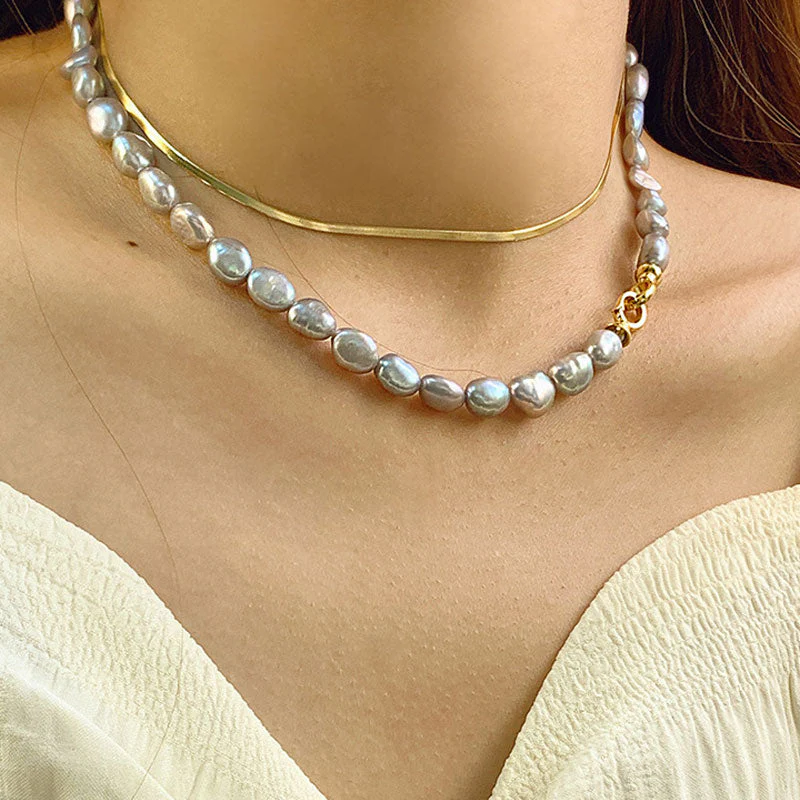 Two Tone Double Clasp Gray Baroque Freshwater Pearl Choker NeckLace - Image 5