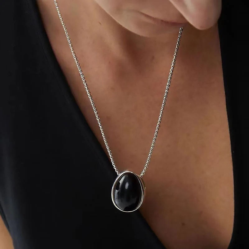Two Tone Onyx Pebble Pendant Sterling Silver Plated Box Chain NeckLace - Image 4