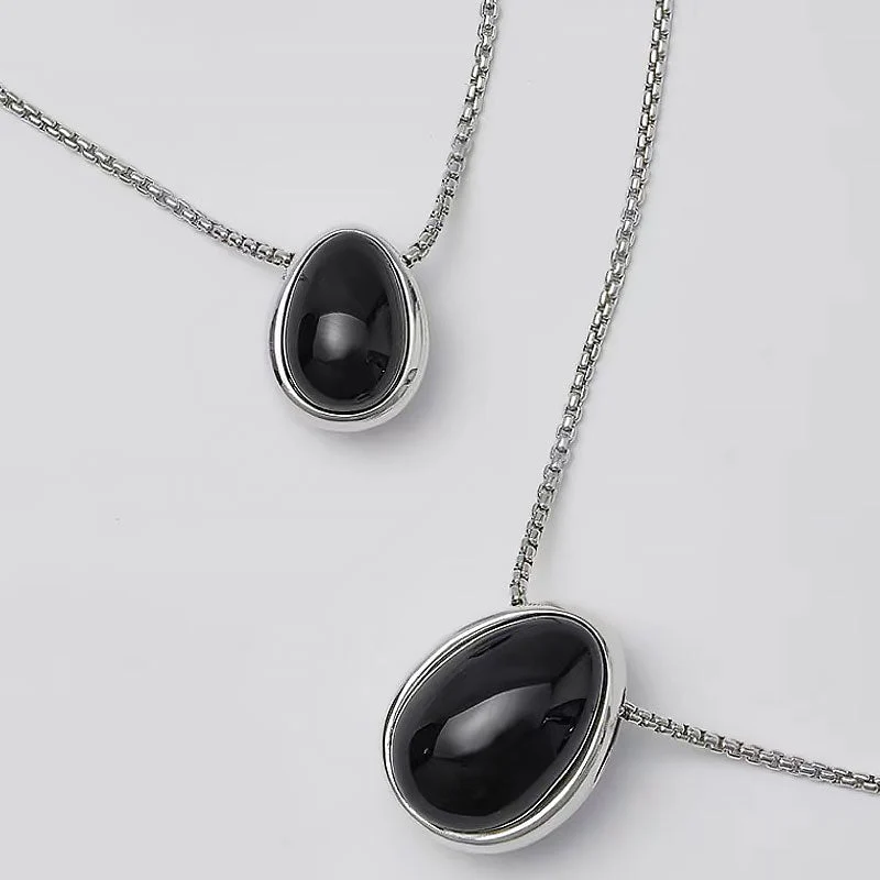 Two Tone Onyx Pebble Pendant Sterling Silver Plated Box Chain NeckLace - Image 6