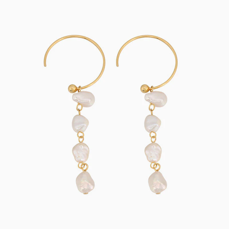 Two Tone Sterling Silver Plated Baroque Pearl C Hoop Linear Drop Earrings - Image 2