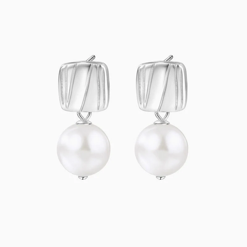Two Tone Sterling Silver Plated Square Block Baroque Pearl Drop Earrings - Image 2