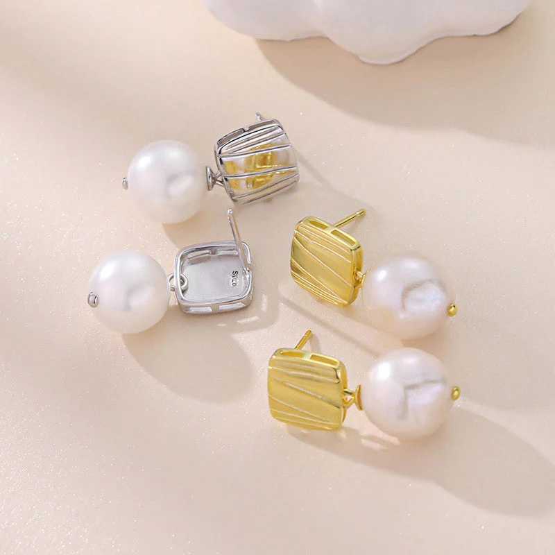 Two Tone Sterling Silver Plated Square Block Baroque Pearl Drop Earrings - Image 3