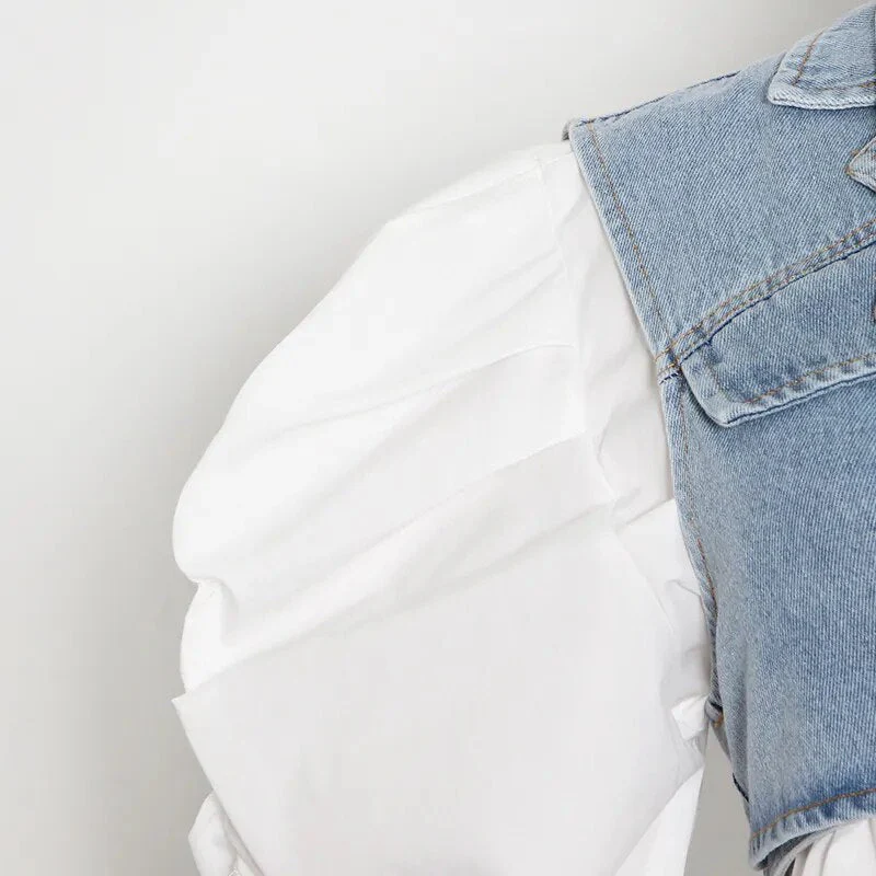 LAYVA WHITE SHIRT with PUFF SleeveS and CROSS DENIM VEST 2 PIECE SET - Image 4