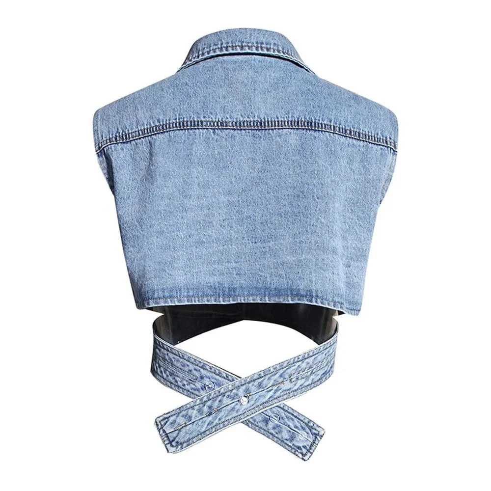 LAYVA WHITE SHIRT with PUFF SleeveS and CROSS DENIM VEST 2 PIECE SET - Image 8