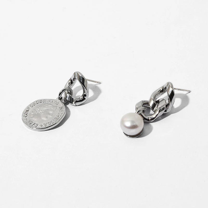 Unique Coin Pearl Pendant Chunky Chain Drop Earrings - Silver - Image 2