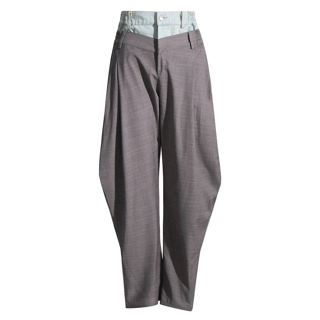 Unique Contrast Deconstructed Denim Panel Pleated Tapered Pants - Image 2