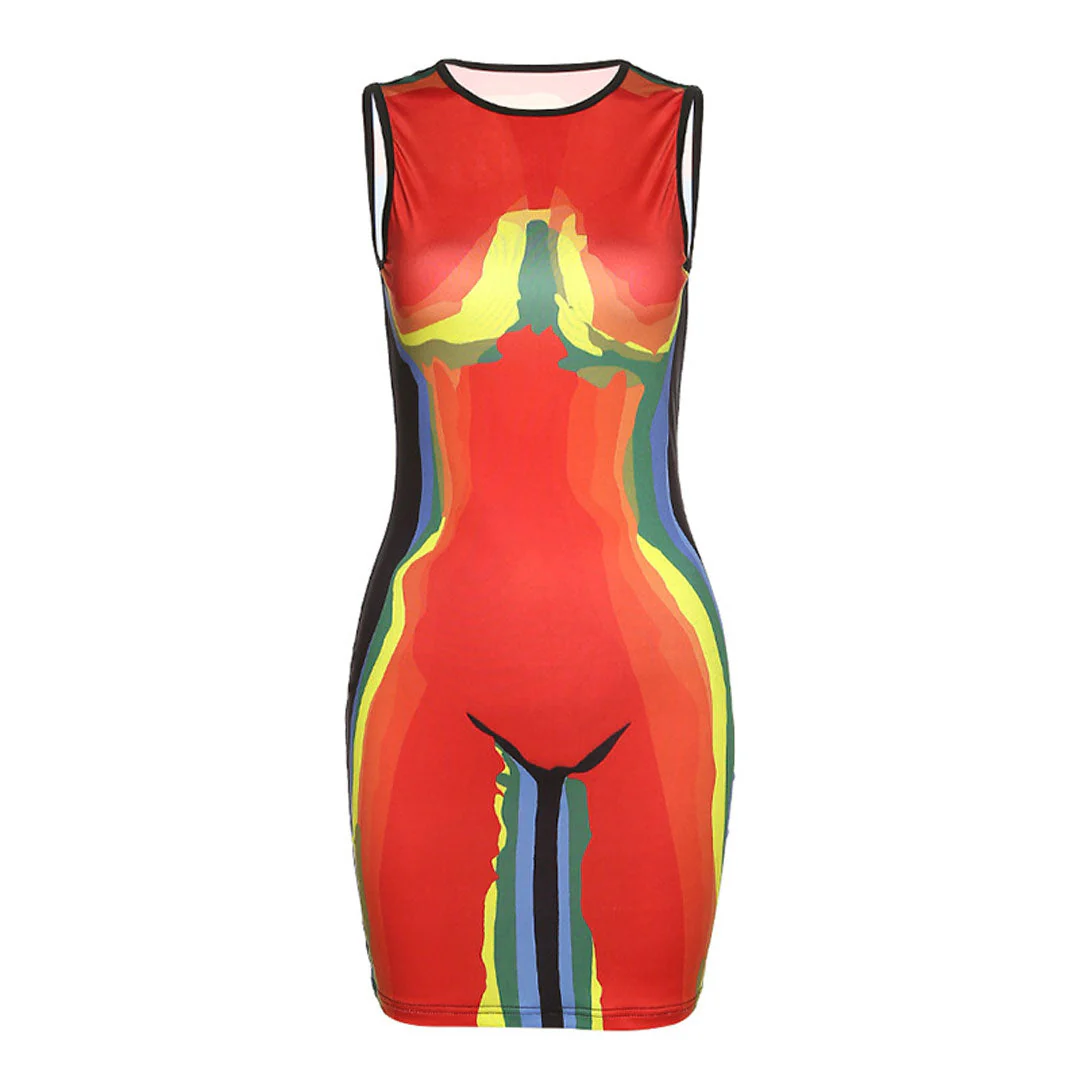Unique Crew Neck Thermal Body Print Sleeveless Mini Dress - Red - Image 3