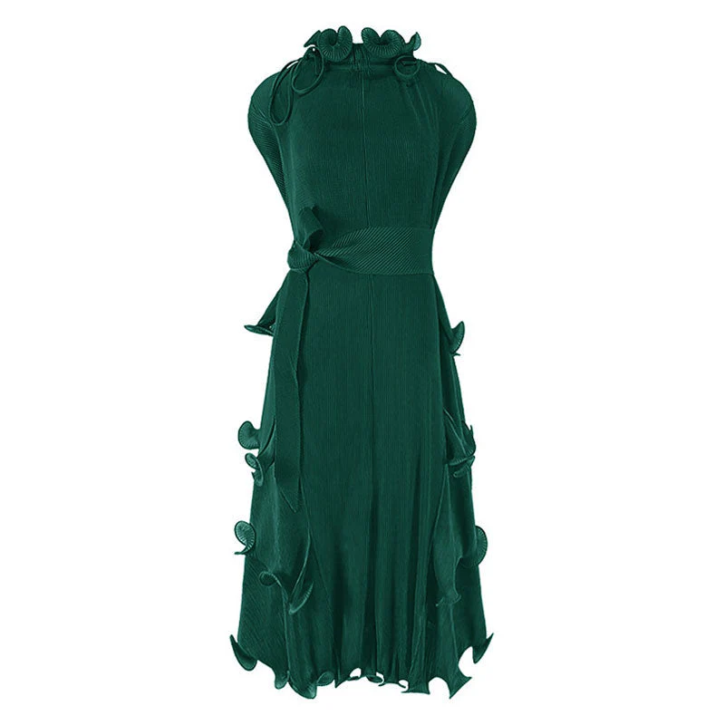 Unique Drawstring Ruffled Mock Neck Self Tie Belted Pleated Midi Dress - Image 2