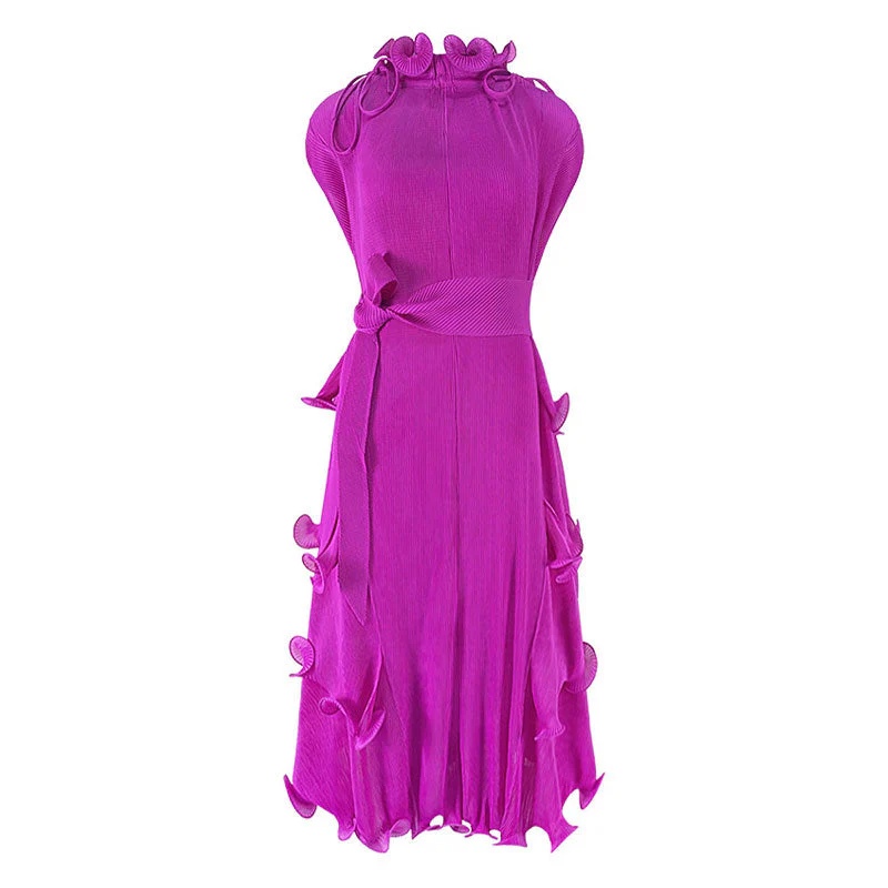 Unique Drawstring Ruffled Mock Neck Self Tie Belted Pleated Midi Dress - Image 3