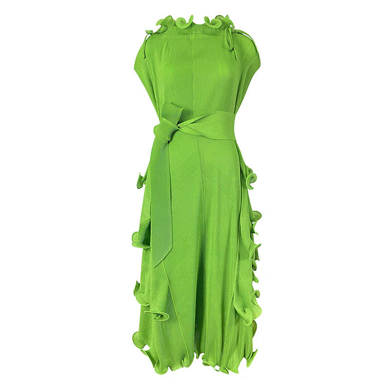 Unique Drawstring Ruffled Mock Neck Self Tie Belted Pleated Midi Dress - Image 4